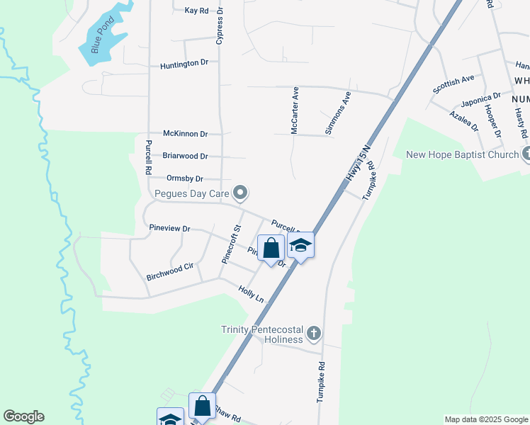 map of restaurants, bars, coffee shops, grocery stores, and more near 11381 Purcell Road in Laurinburg