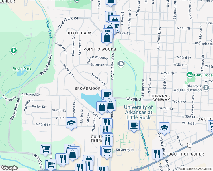 map of restaurants, bars, coffee shops, grocery stores, and more near 7 Rosemont Drive in Little Rock