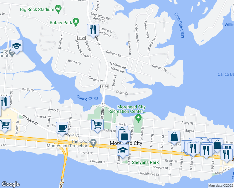 map of restaurants, bars, coffee shops, grocery stores, and more near 1809 Calico Drive in Morehead City