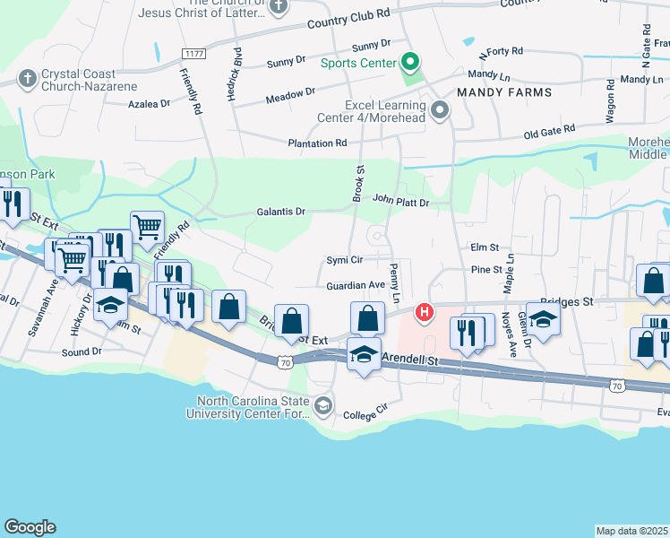 map of restaurants, bars, coffee shops, grocery stores, and more near 3804 Guardian Avenue in Morehead City