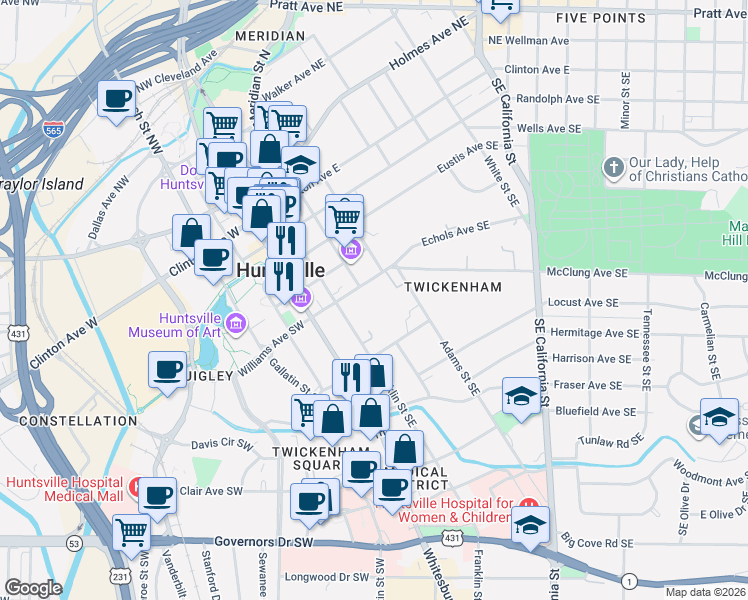 map of restaurants, bars, coffee shops, grocery stores, and more near 515 Franklin Street Southeast in Huntsville