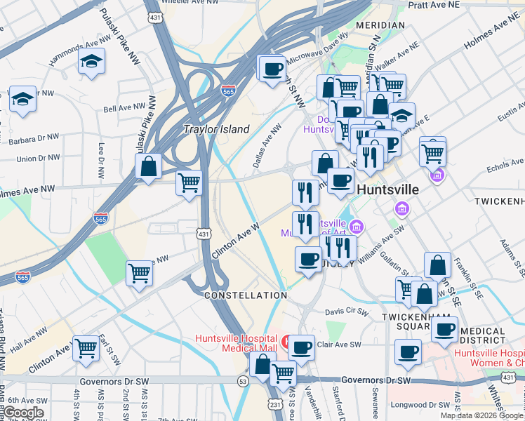 map of restaurants, bars, coffee shops, grocery stores, and more near 614 Clinton Avenue West in Huntsville