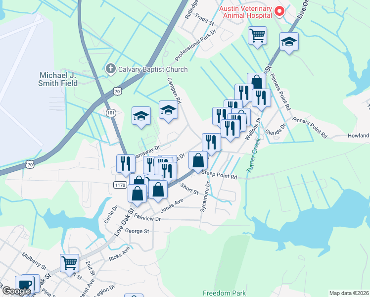 map of restaurants, bars, coffee shops, grocery stores, and more near 116 Crescent Drive in Beaufort