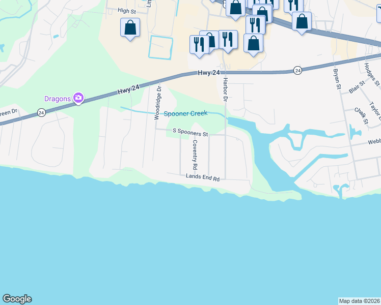 map of restaurants, bars, coffee shops, grocery stores, and more near 206 Coventry Road in Morehead City