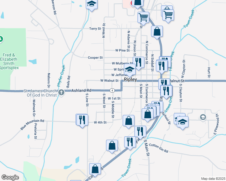 map of restaurants, bars, coffee shops, grocery stores, and more near 401 South Middle Street in Ripley