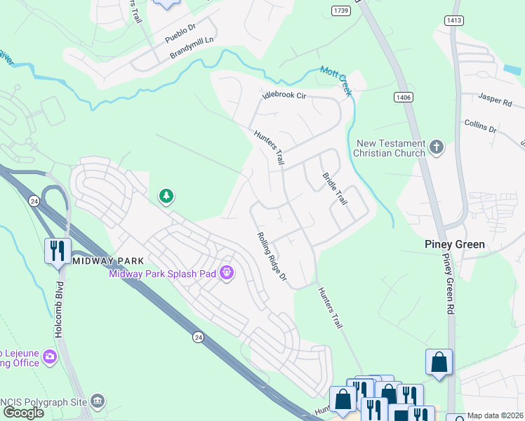 map of restaurants, bars, coffee shops, grocery stores, and more near 2123 Rolling Ridge Drive in Jacksonville