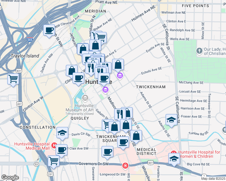 map of restaurants, bars, coffee shops, grocery stores, and more near 104 Williams Avenue Southeast in Huntsville