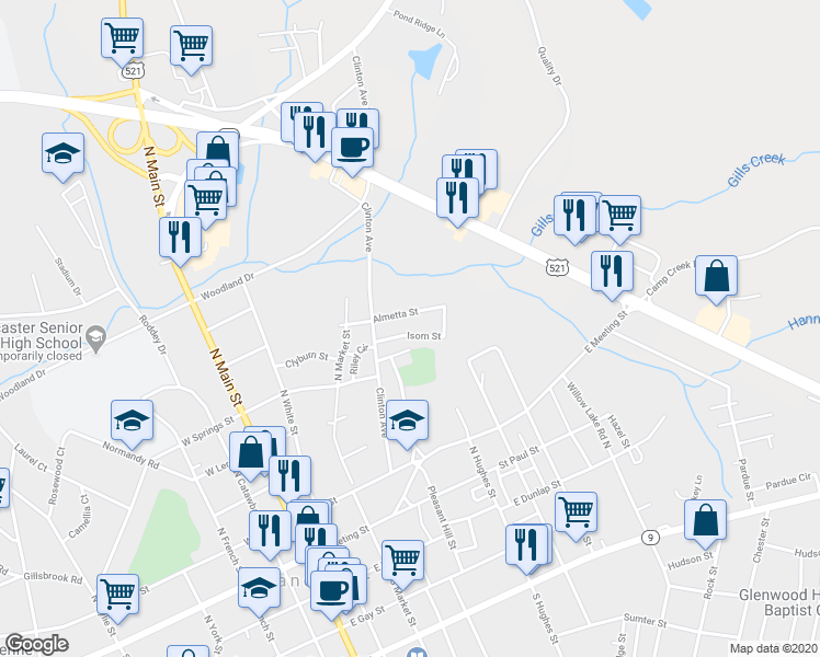 map of restaurants, bars, coffee shops, grocery stores, and more near 412 Isom Street in Lancaster