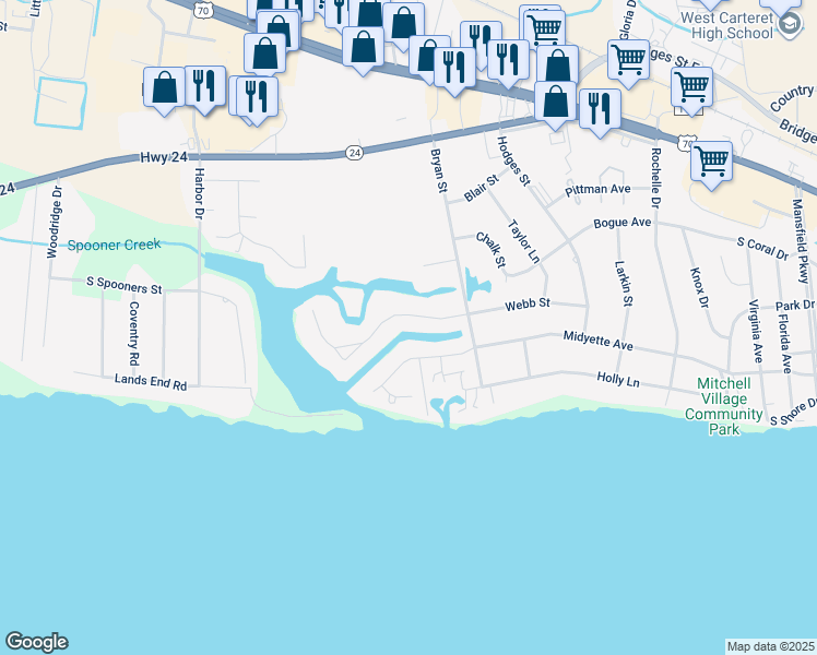map of restaurants, bars, coffee shops, grocery stores, and more near 5211 Webb Court in Morehead City