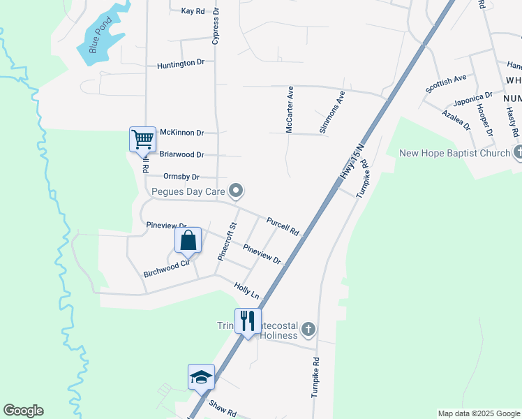 map of restaurants, bars, coffee shops, grocery stores, and more near 11381 Purcell Road in Laurinburg