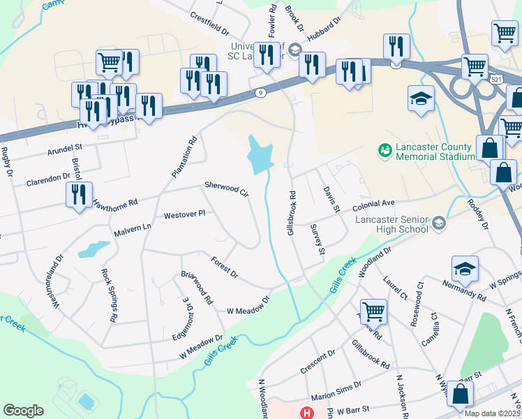 map of restaurants, bars, coffee shops, grocery stores, and more near 962 Sherwood Circle in Lancaster