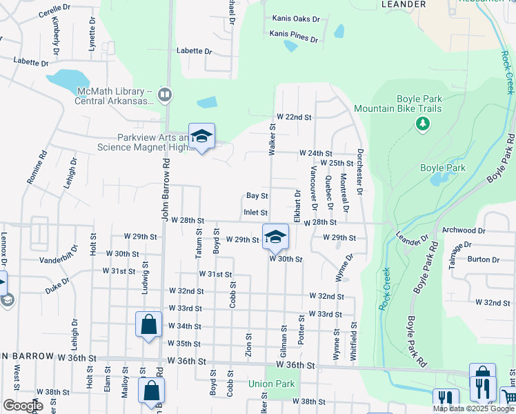map of restaurants, bars, coffee shops, grocery stores, and more near 5 Inlet Street in Little Rock
