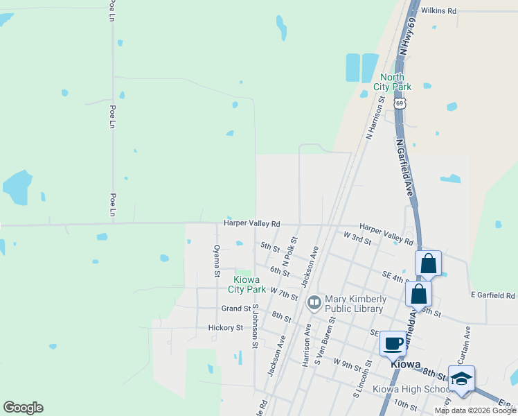 map of restaurants, bars, coffee shops, grocery stores, and more near 50 North Johnson Street in Kiowa