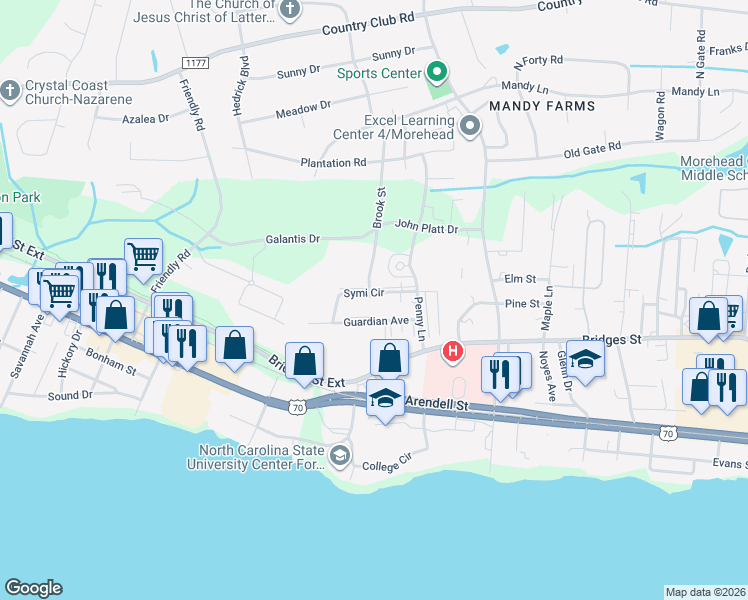 map of restaurants, bars, coffee shops, grocery stores, and more near 3804 Guardian Avenue in Morehead City