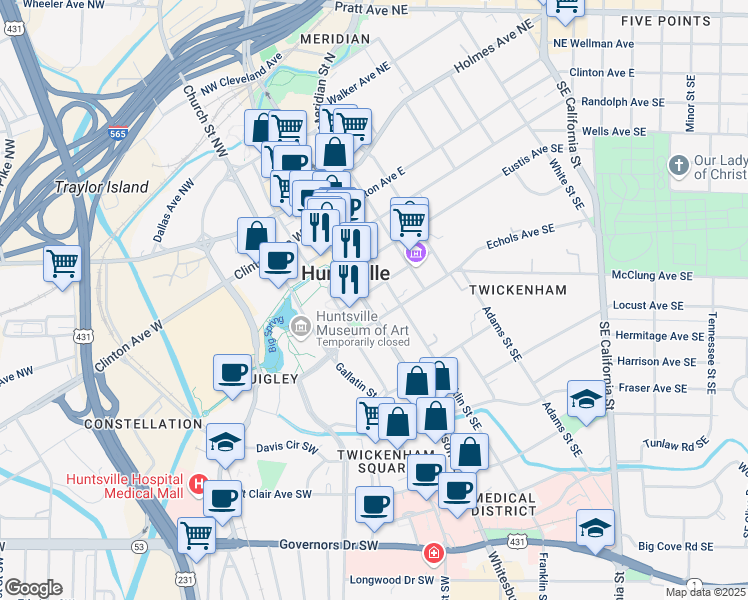 map of restaurants, bars, coffee shops, grocery stores, and more near 404 Madison Street Southeast in Huntsville