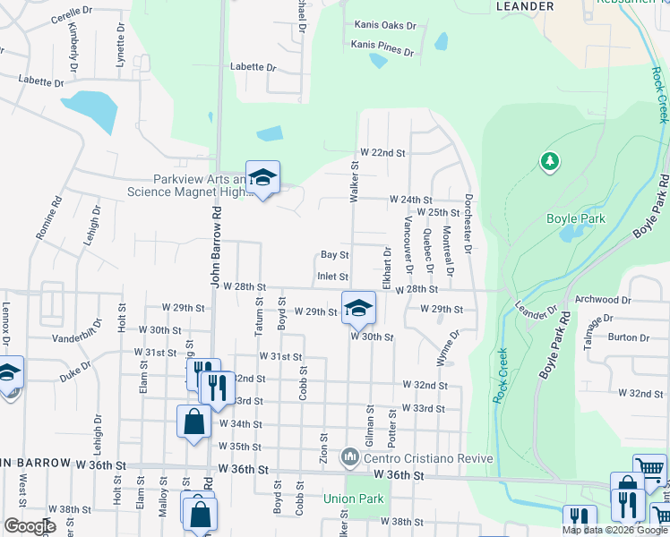 map of restaurants, bars, coffee shops, grocery stores, and more near 5 Inlet Street in Little Rock
