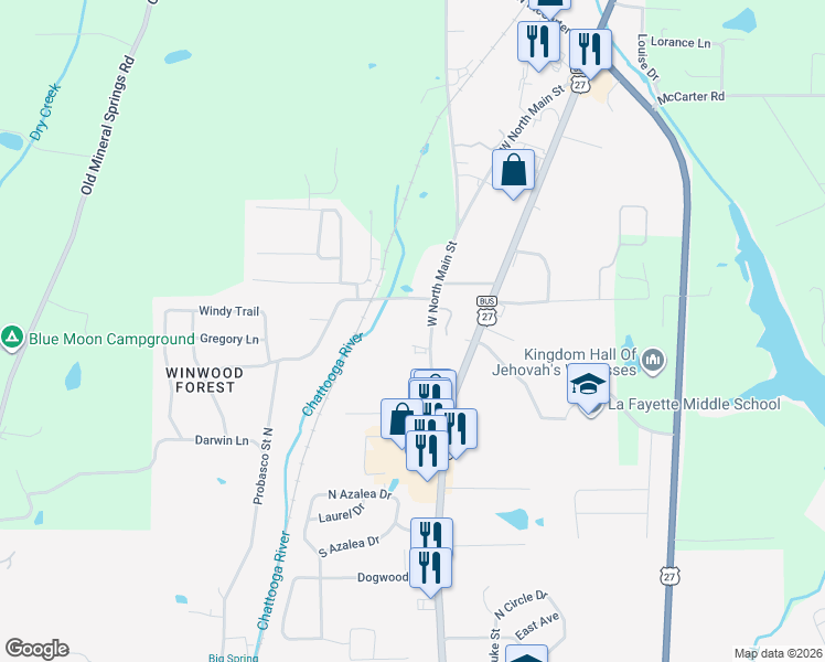 map of restaurants, bars, coffee shops, grocery stores, and more near 1213 West North Main Street in LaFayette