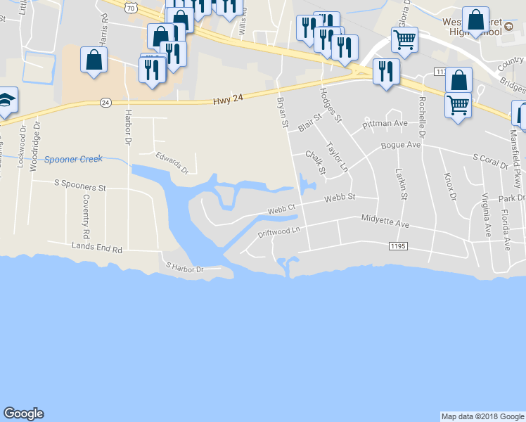 map of restaurants, bars, coffee shops, grocery stores, and more near 5211 Webb Court in Morehead City