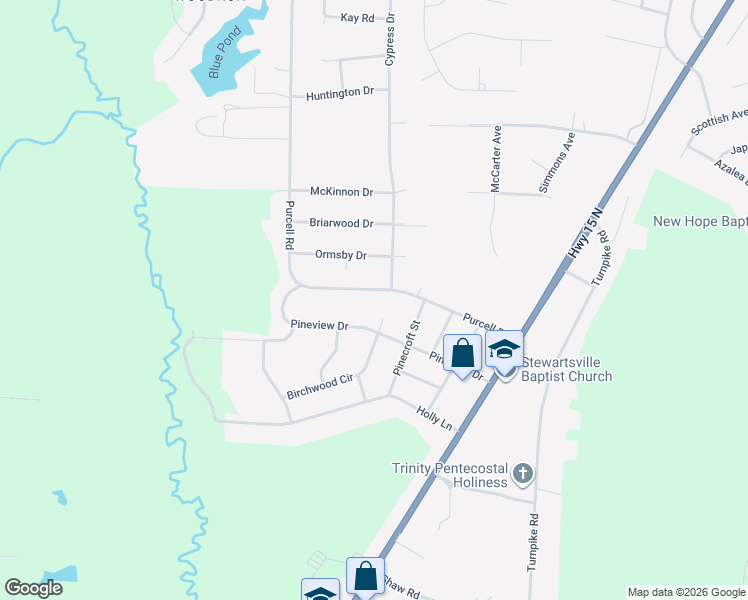 map of restaurants, bars, coffee shops, grocery stores, and more near 12741 Birchwood Circle in Laurinburg