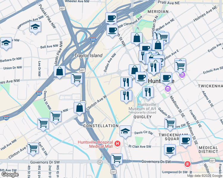 map of restaurants, bars, coffee shops, grocery stores, and more near 514 Clinton Avenue West in Huntsville