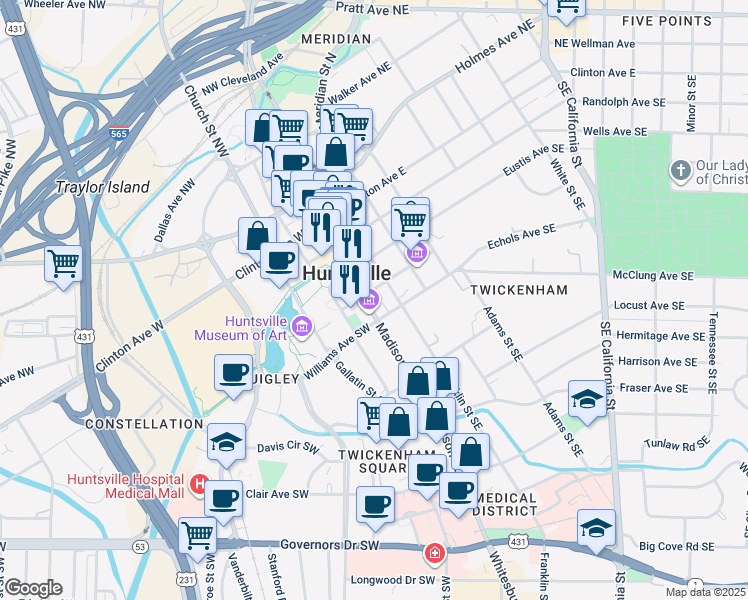 map of restaurants, bars, coffee shops, grocery stores, and more near 401 Madison Street Southeast in Huntsville