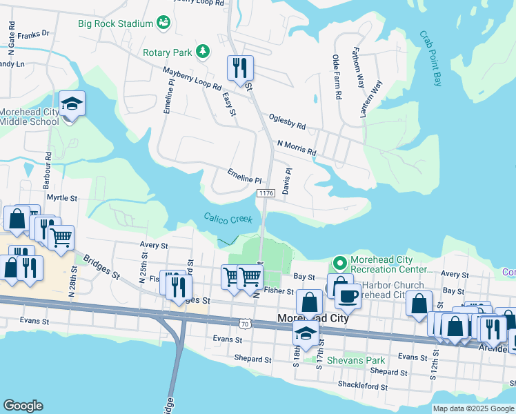 map of restaurants, bars, coffee shops, grocery stores, and more near 805 North 20th Street in Morehead City