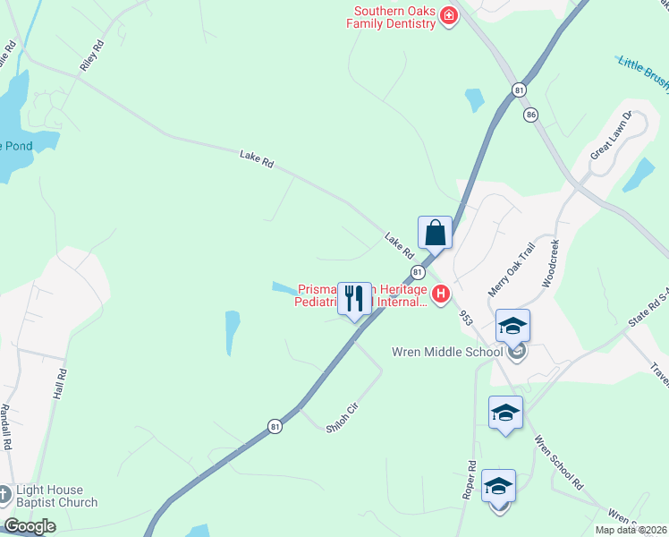 map of restaurants, bars, coffee shops, grocery stores, and more near 115 Green Ridge Drive in Easley