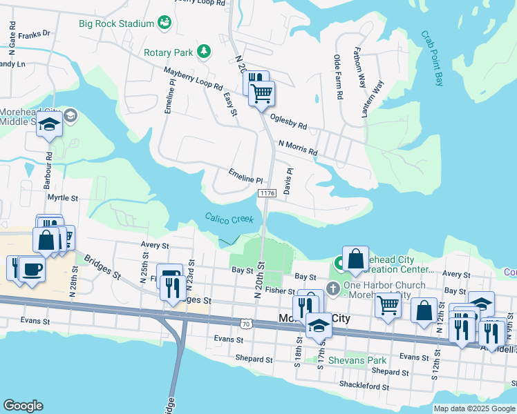 map of restaurants, bars, coffee shops, grocery stores, and more near 805 North 20th Street in Morehead City