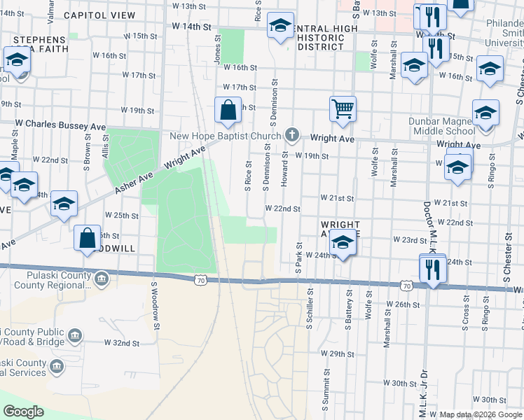 map of restaurants, bars, coffee shops, grocery stores, and more near 2211 South Dennison Street in Little Rock