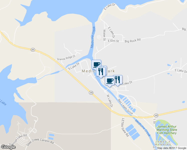 map of restaurants, bars, coffee shops, grocery stores, and more near 127 East Lake Drive in Medicine Park