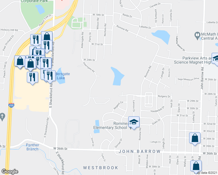 map of restaurants, bars, coffee shops, grocery stores, and more near 4 Rhinehart Lane in Little Rock