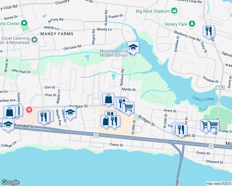 map of restaurants, bars, coffee shops, grocery stores, and more near 201-299 Barbour Rd in Morehead City