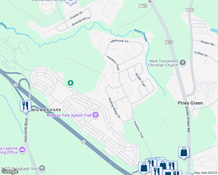map of restaurants, bars, coffee shops, grocery stores, and more near 2123 Rolling Ridge Drive in Jacksonville