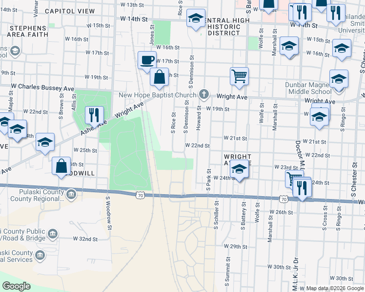 map of restaurants, bars, coffee shops, grocery stores, and more near 2211 South Dennison Street in Little Rock