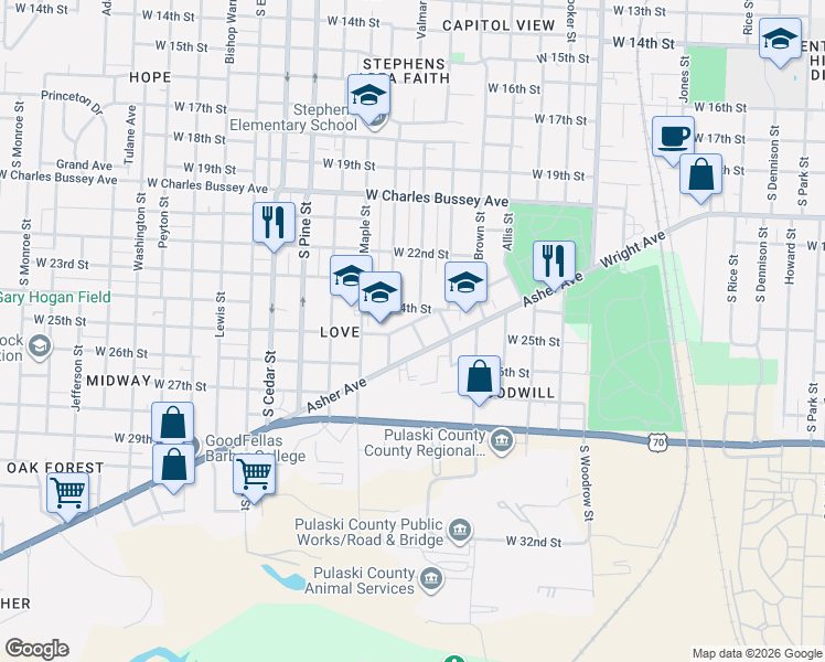 map of restaurants, bars, coffee shops, grocery stores, and more near 3504 Asher Avenue in Little Rock