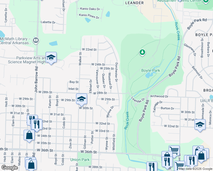 map of restaurants, bars, coffee shops, grocery stores, and more near 2722 Quebec Drive in Little Rock