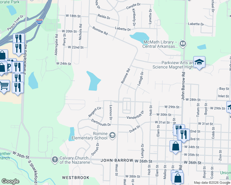 map of restaurants, bars, coffee shops, grocery stores, and more near 9602 Kensington Drive in Little Rock