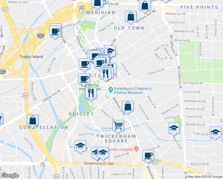 map of restaurants, bars, coffee shops, grocery stores, and more near 401 Madison Street Southeast in Huntsville