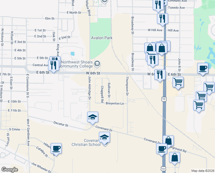 map of restaurants, bars, coffee shops, grocery stores, and more near 100 Chappell Road in Muscle Shoals