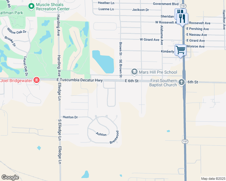 map of restaurants, bars, coffee shops, grocery stores, and more near 3100 East McGuire Drive in Muscle Shoals