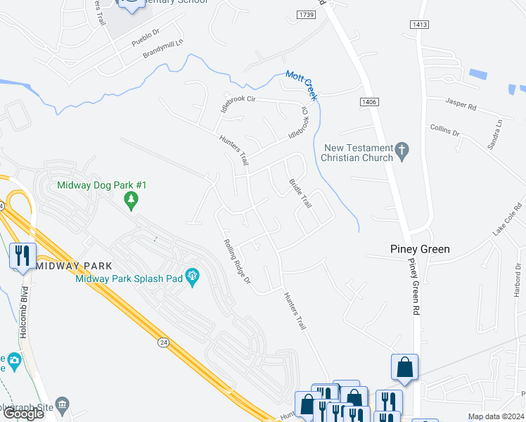 map of restaurants, bars, coffee shops, grocery stores, and more near 3000 Hunters Trail in Piney Green