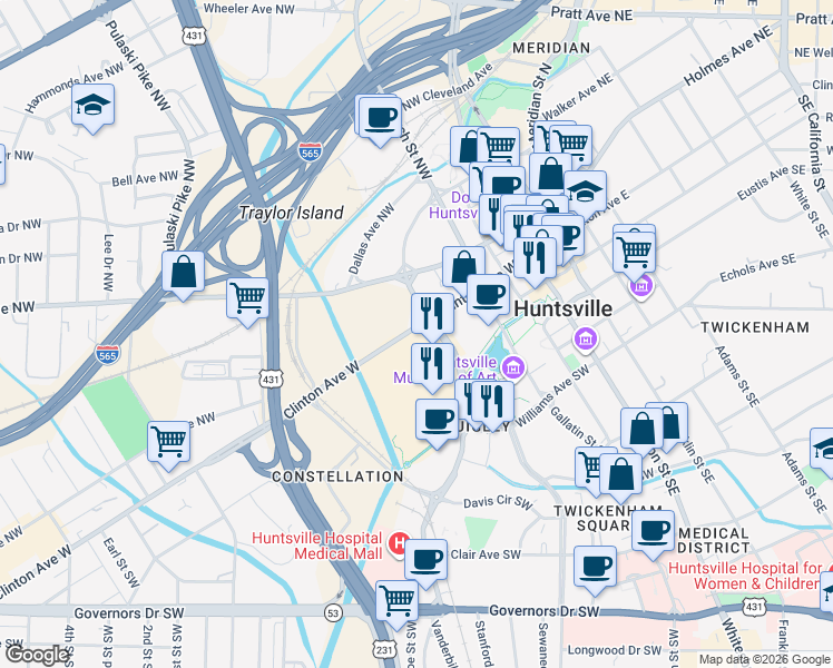 map of restaurants, bars, coffee shops, grocery stores, and more near 700 Monroe Street Southwest in Huntsville