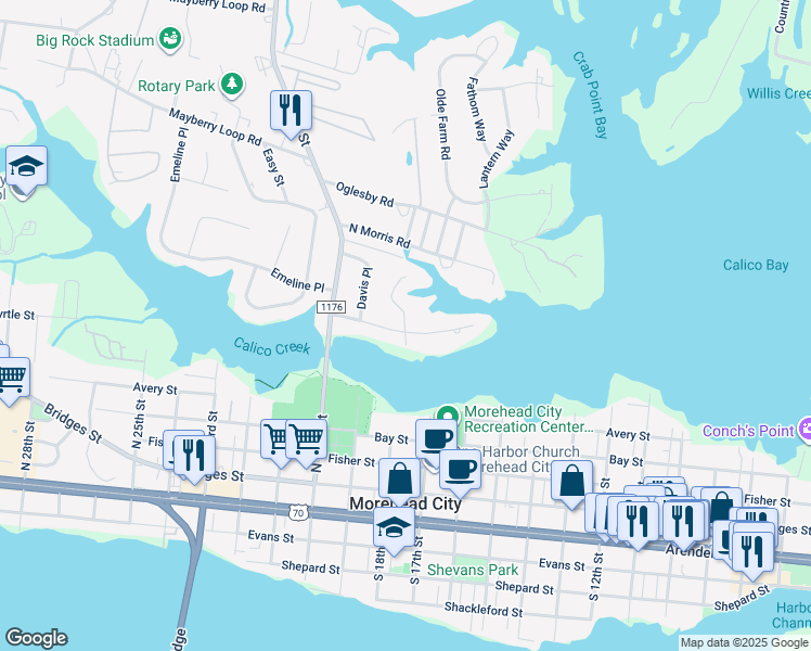 map of restaurants, bars, coffee shops, grocery stores, and more near 908 Calamanda Court in Morehead City