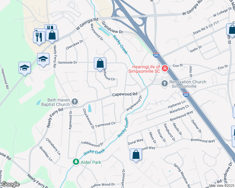 map of restaurants, bars, coffee shops, grocery stores, and more near 303 Capewood Road in Simpsonville