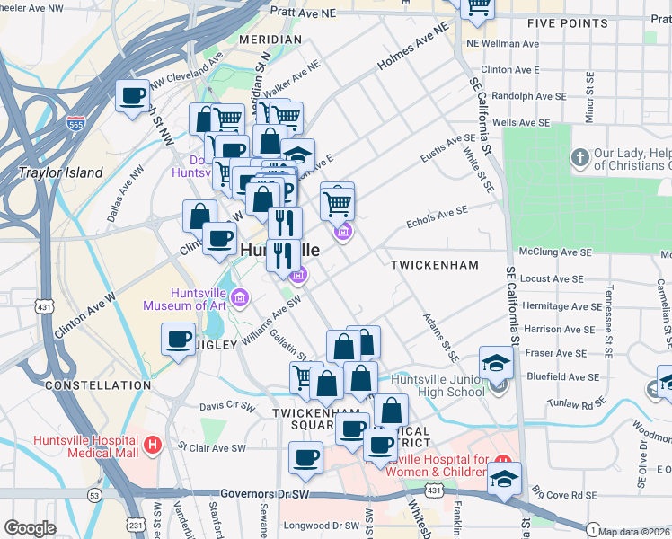 map of restaurants, bars, coffee shops, grocery stores, and more near in Huntsville