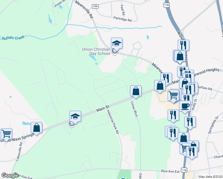 map of restaurants, bars, coffee shops, grocery stores, and more near 504-598 Buffalo-West Springs Highway in Union