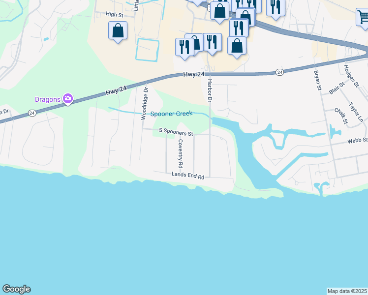 map of restaurants, bars, coffee shops, grocery stores, and more near 214 Coventry Road in Morehead City