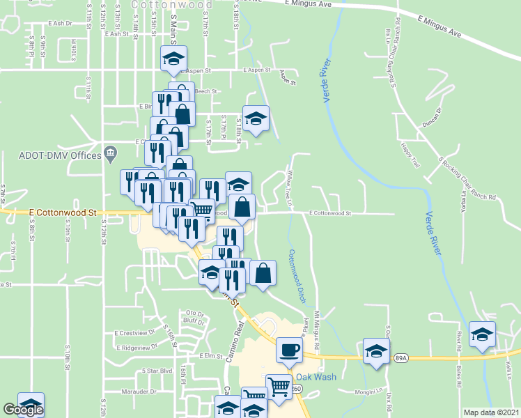 map of restaurants, bars, coffee shops, grocery stores, and more near 563 South Sawmill Gardens Drive in Cottonwood