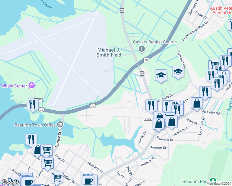 map of restaurants, bars, coffee shops, grocery stores, and more near Blue Heron Ct in Beaufort