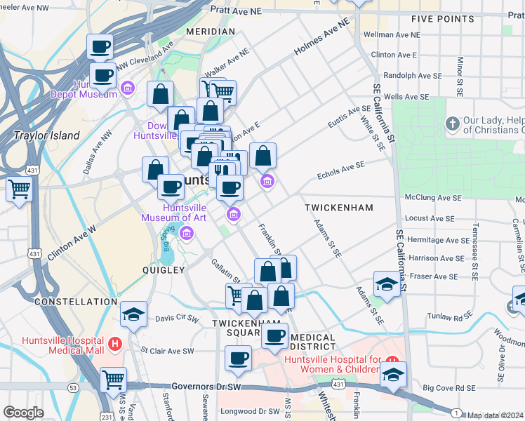 map of restaurants, bars, coffee shops, grocery stores, and more near in Huntsville